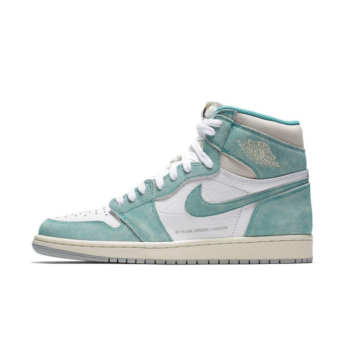 Air Jordan 1 Retro High Turbo Green sneaker showcasing soft suede overlays and white leather base.