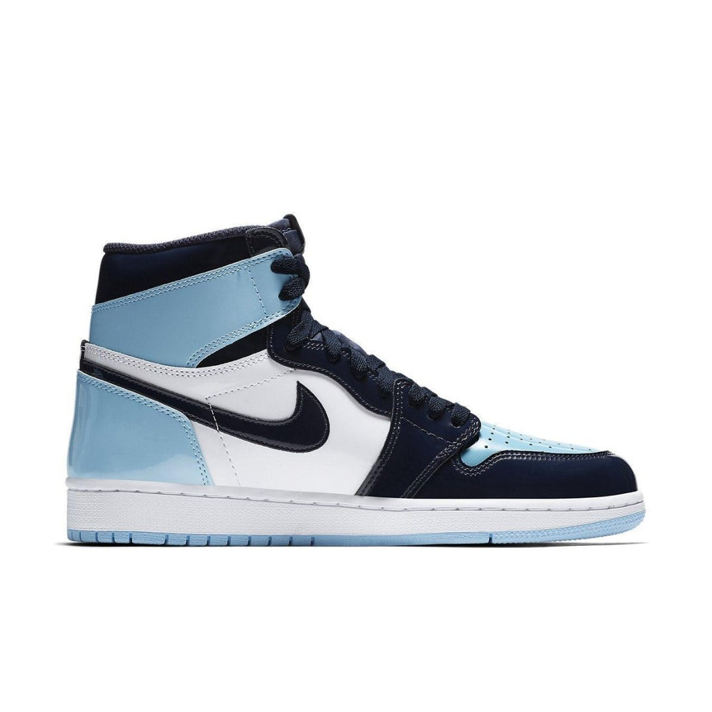 Air Jordan 1 Retro High UNC Patent Women's sneaker in Blue Chill, Obsidian, and White leather.
