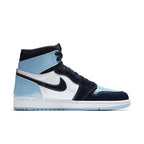 Air Jordan 1 Retro High UNC Patent Women's sneaker in Blue Chill, Obsidian, and White leather.