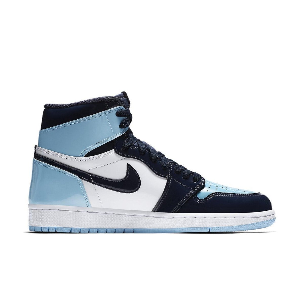 Air Jordan 1 Retro High UNC Patent Women's sneaker in Blue Chill, Obsidian, and White leather.
