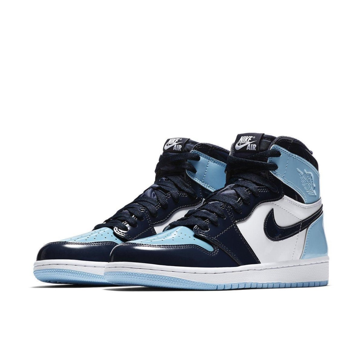 Air Jordan 1 Retro High UNC Patent (W) in blue and white, featuring a patent leather design and a high-top silhouette.