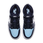 Air Jordan 1 Retro High UNC Patent women's sneaker in Blue Chill and Obsidian colorway.