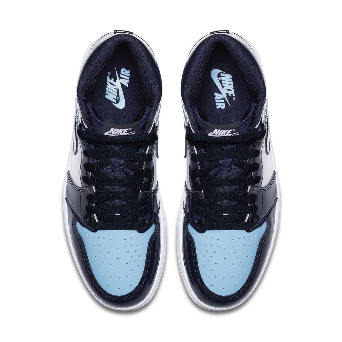 Air Jordan 1 Retro High UNC Patent women's sneaker in Blue Chill and Obsidian colorway.