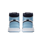Rear view of Air Jordan 1 Retro High UNC Patent women's sneakers in Blue Chill and Obsidian colorway.