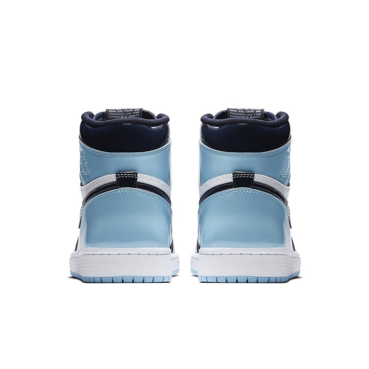 Rear view of Air Jordan 1 Retro High UNC Patent women's sneakers in Blue Chill and Obsidian colorway.
