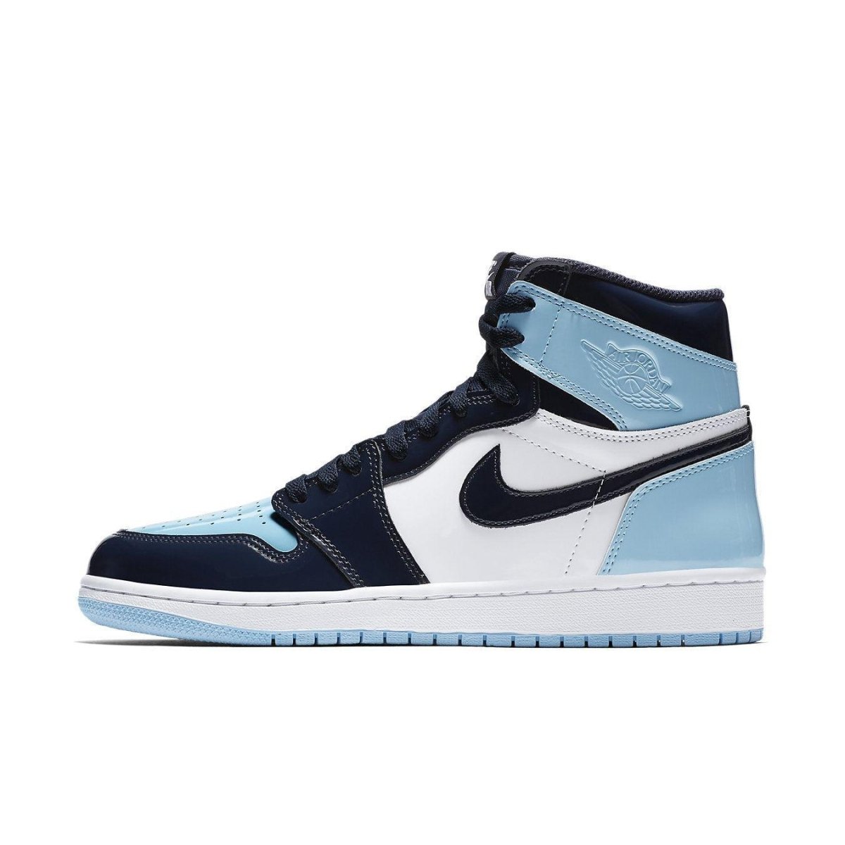 Air Jordan 1 Retro High UNC Patent Women's sneaker in Blue Chill and Obsidian colorway.