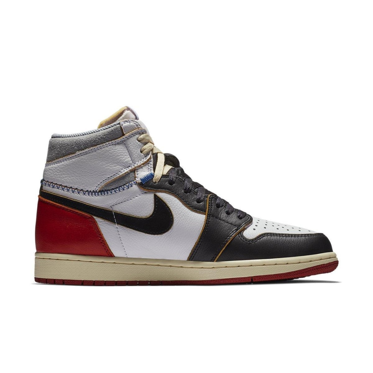 Jordan 1 Retro High Union Los Angeles Black Toe featuring a multi-colored design and pre-yellowed midsole.