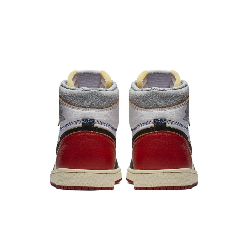 Back view of Jordan 1 Retro High Union LA Black Toe sneakers showcasing its unique design and color scheme.