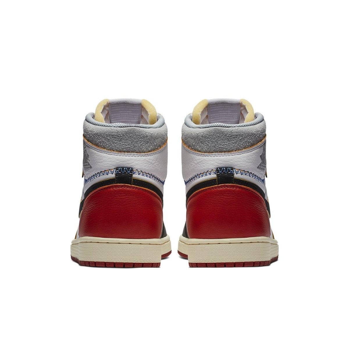 Back view of Jordan 1 Retro High Union LA Black Toe sneakers showcasing its unique design and color scheme.