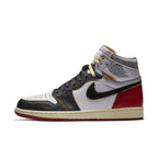 Air Jordan 1 Retro High Union Los Angeles Black Toe sneaker featuring zigzag stitching and a pre-yellowed midsole.