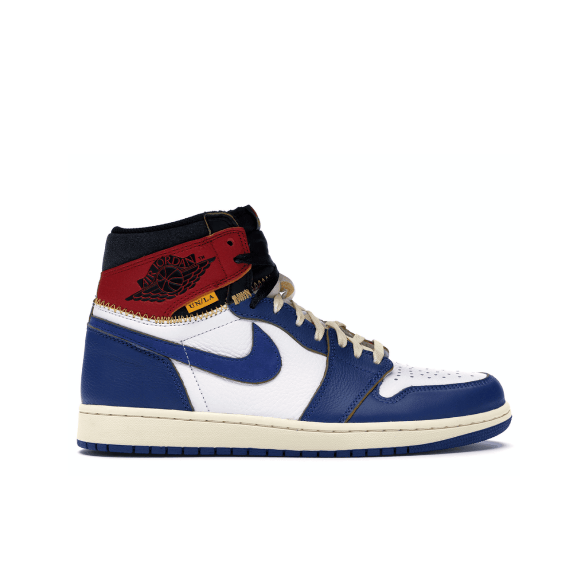 Air Jordan 1 Retro High Union LA in blue, white, and red with pre-yellowed sole and visible stitching.