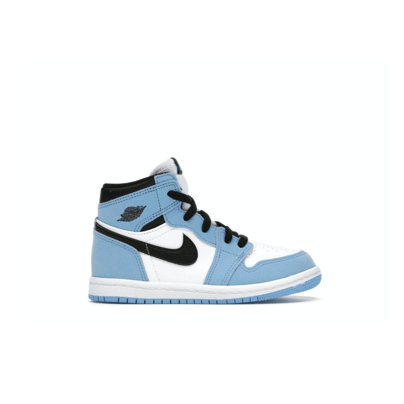 Jordan 1 Retro High University Blue (TD) sneaker featuring white leather upper, Carolina blue accents, and black Swoosh.