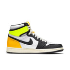 Air Jordan 1 Retro High in White, Black, Volt, and University Gold with unique color blocking design.
