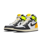 Jordan 1 Retro High in White, Black, Volt, and University Gold with removable collar and foam tongue.