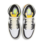 Air Jordan 1 Retro High White Black Volt University Gold top view showcasing vibrant color accents and classic silhouette.