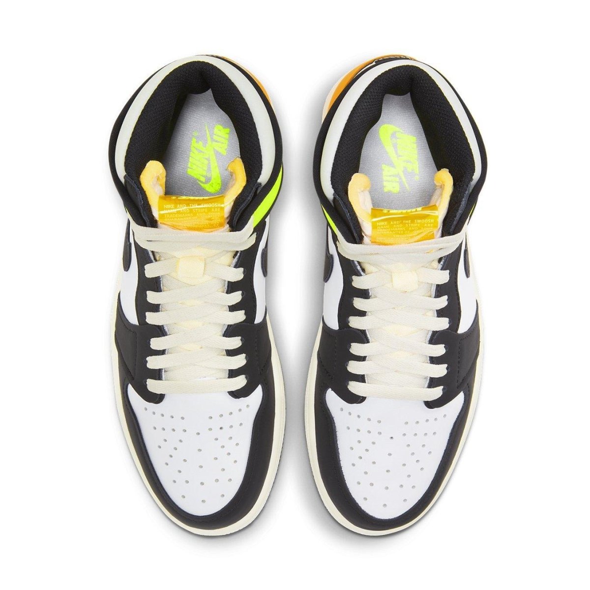Air Jordan 1 Retro High White Black Volt University Gold top view showcasing vibrant color accents and classic silhouette.