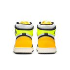 Back view of Air Jordan 1 Retro High in Volt Gold featuring vibrant yellow and black accents.