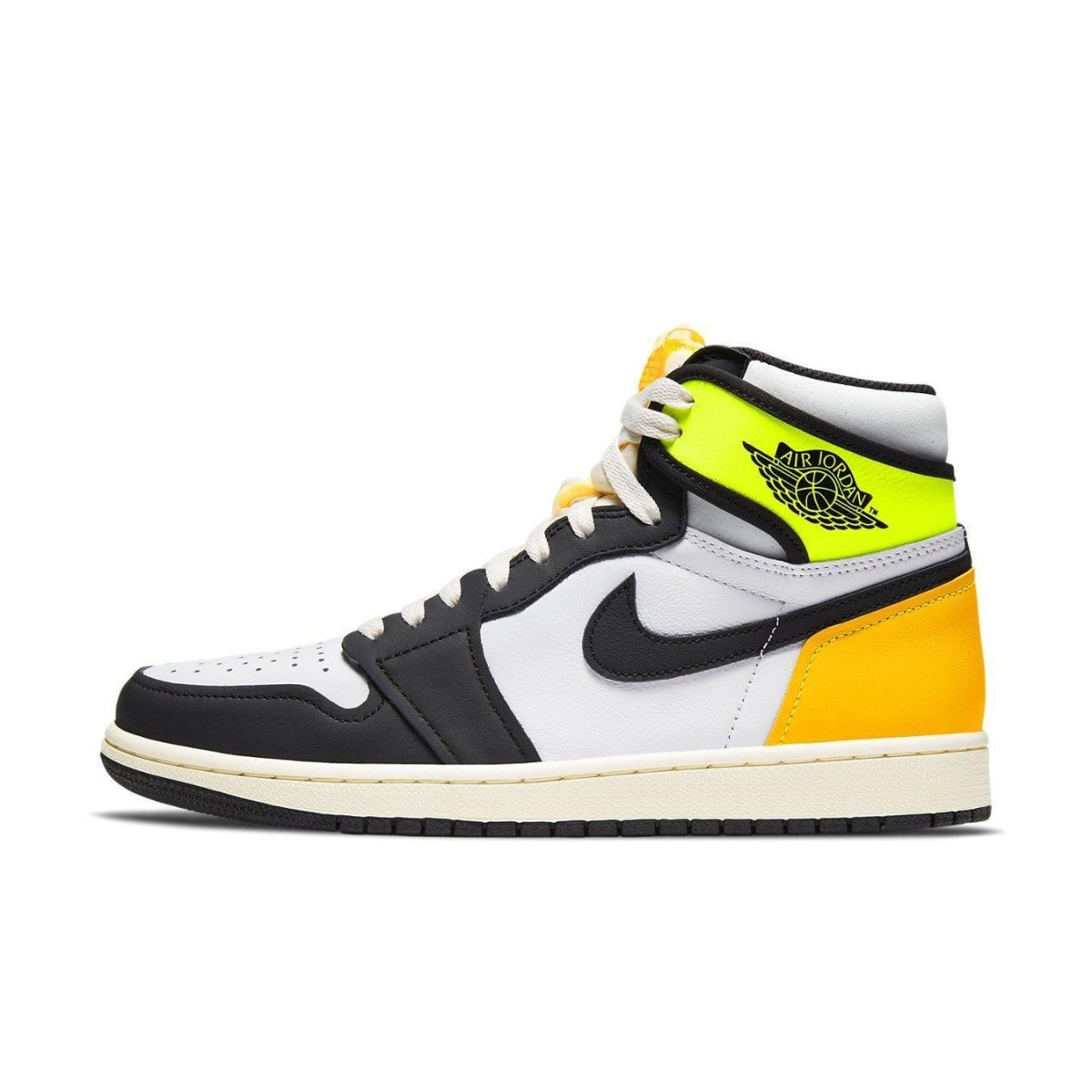 Air Jordan 1 Retro High OG in white, black, and vibrant volt gold colors, showcasing a modern design.