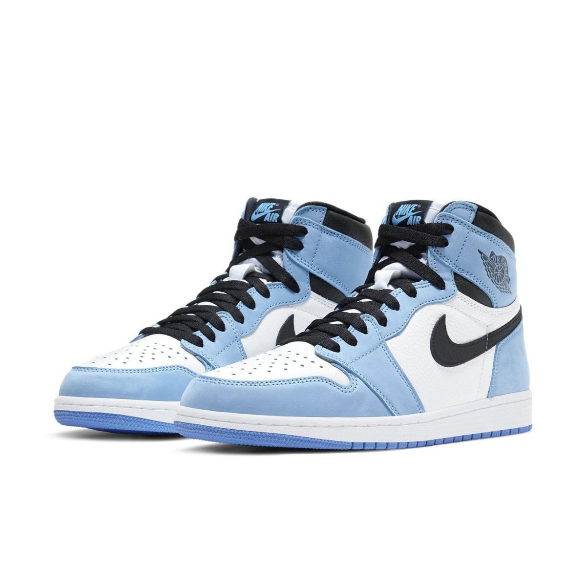 Air Jordan 1 Retro High in white, university blue, and black colorway, featuring leather upper and signature Nike Swoosh.