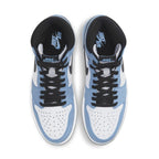 Top view of Air Jordan 1 Retro High OG 'University Blue' featuring white and blue leather with black accents.