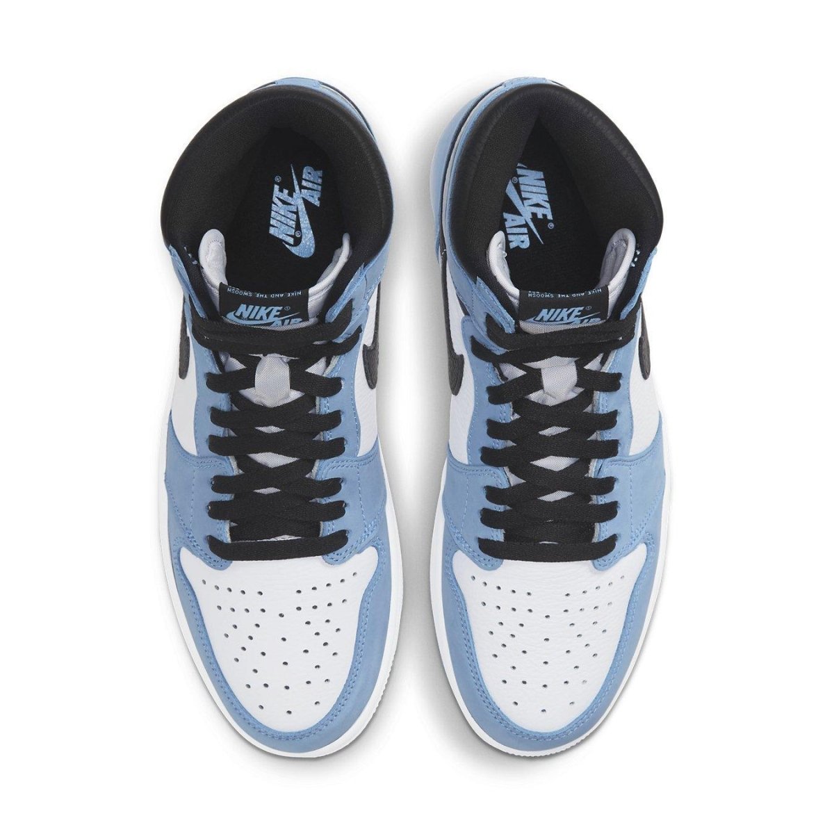 Top view of Air Jordan 1 Retro High OG 'University Blue' featuring white and blue leather with black accents.