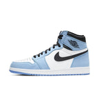 Jordan 1 Retro High OG in white, university blue, and black featuring a leather upper and iconic Swoosh.