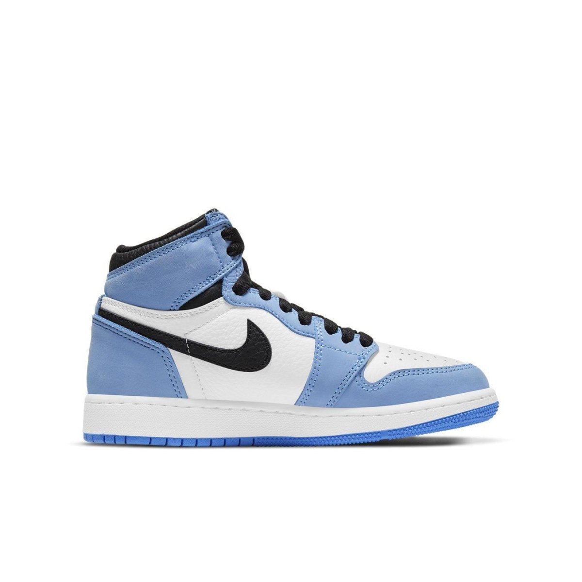 Air Jordan 1 Retro High in white, university blue, and black colorway, showcasing iconic design details.