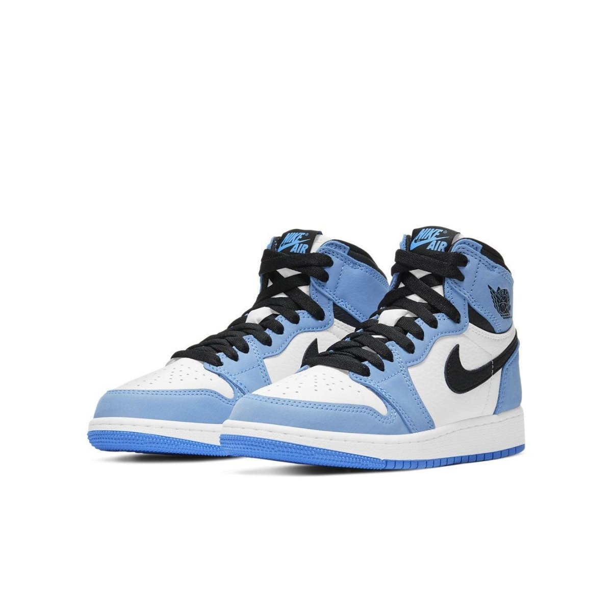 Air Jordan 1 Retro High OG GS White University Blue Black sneakers with iconic design and black accents.