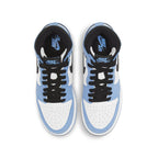 Air Jordan 1 Retro High GS in white, university blue, and black from the top view with iconic Nike branding.