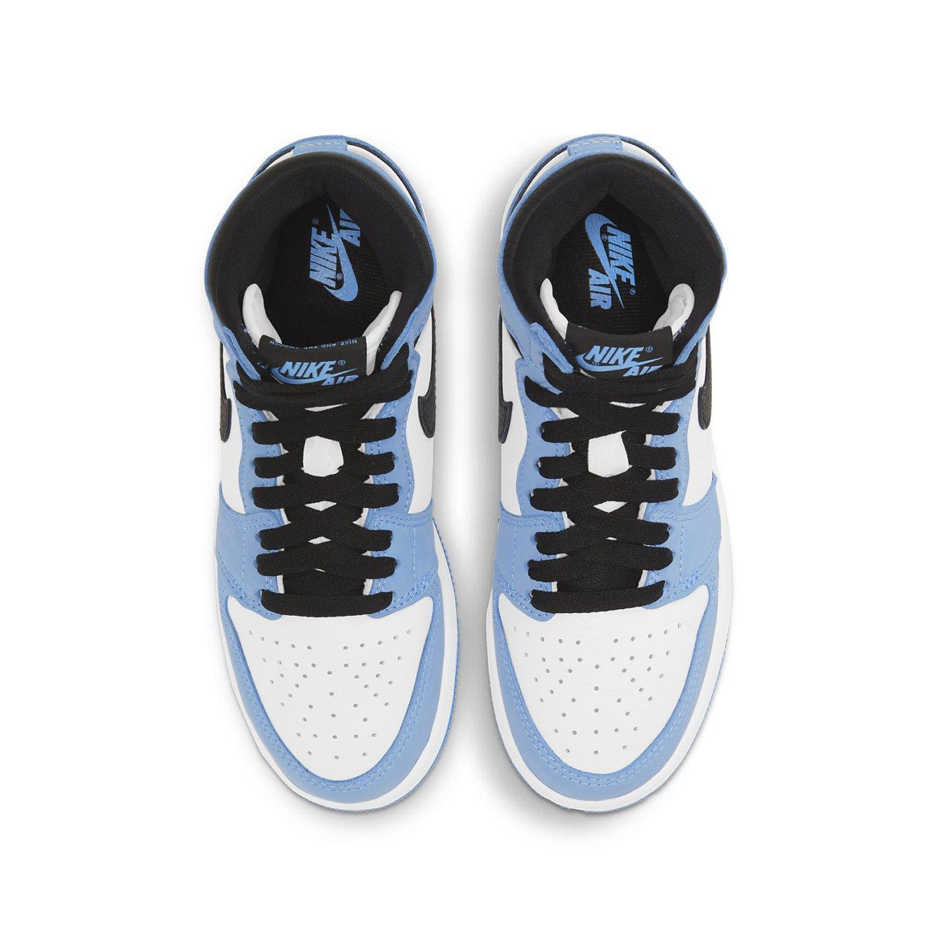 Air Jordan 1 Retro High GS in white, university blue, and black from the top view with iconic Nike branding.