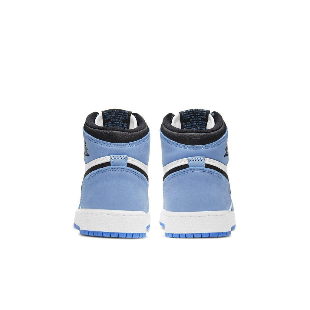 Back view of Air Jordan 1 Retro High University Blue and Black sneakers for kids.