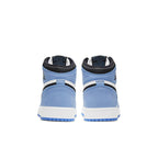 Back view of Air Jordan 1 Retro High University Blue and Black sneakers for kids.