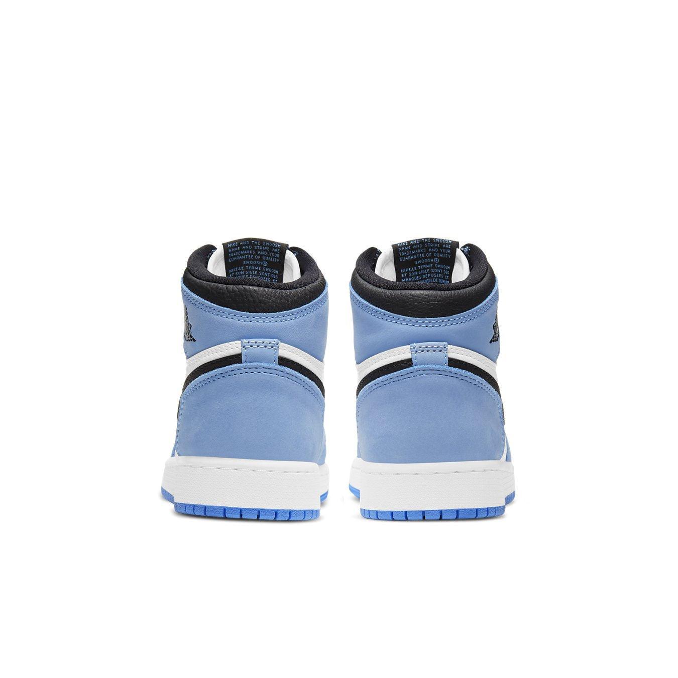 Back view of Air Jordan 1 Retro High University Blue and Black sneakers for kids.