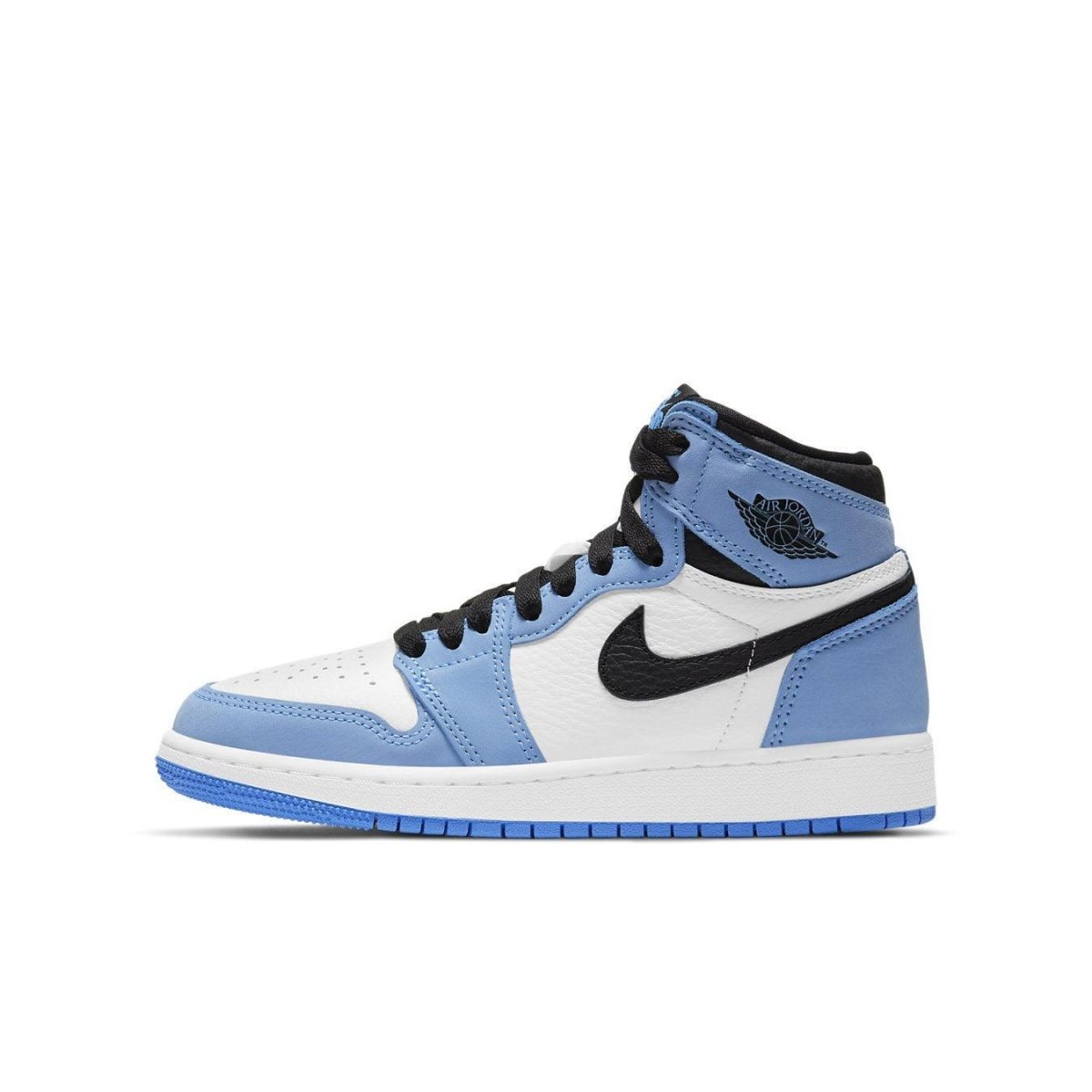 Nike Air Jordan 1 Retro High OG GS in White and University Blue with black accents.
