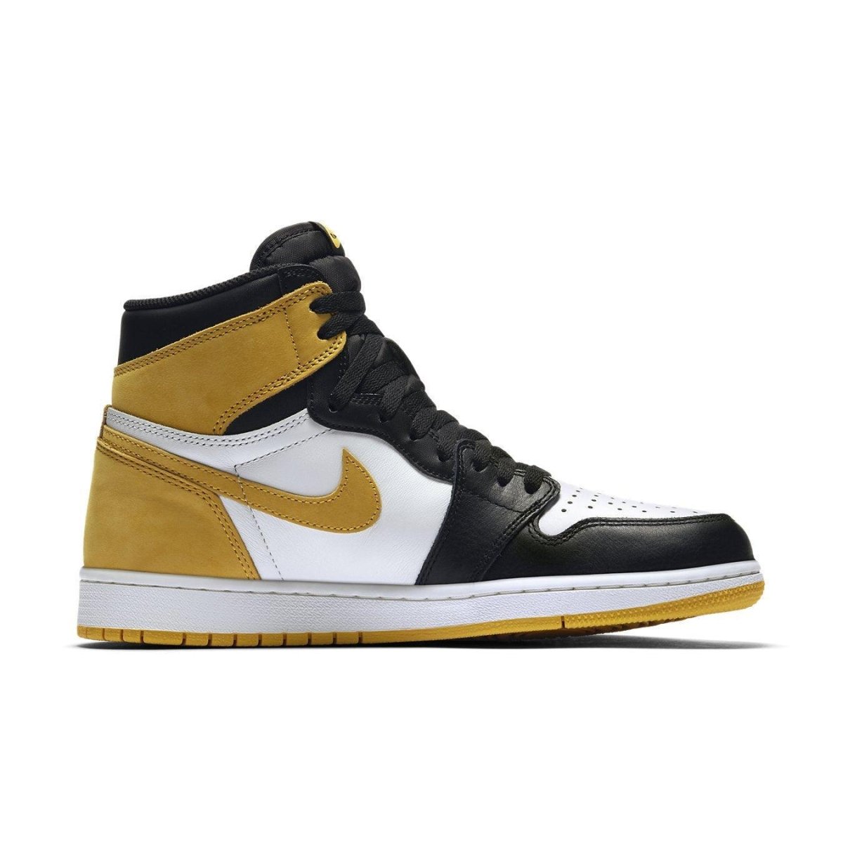 Jordan 1 Retro High Yellow Ochre sneaker side view with black, white, and yellow accents.