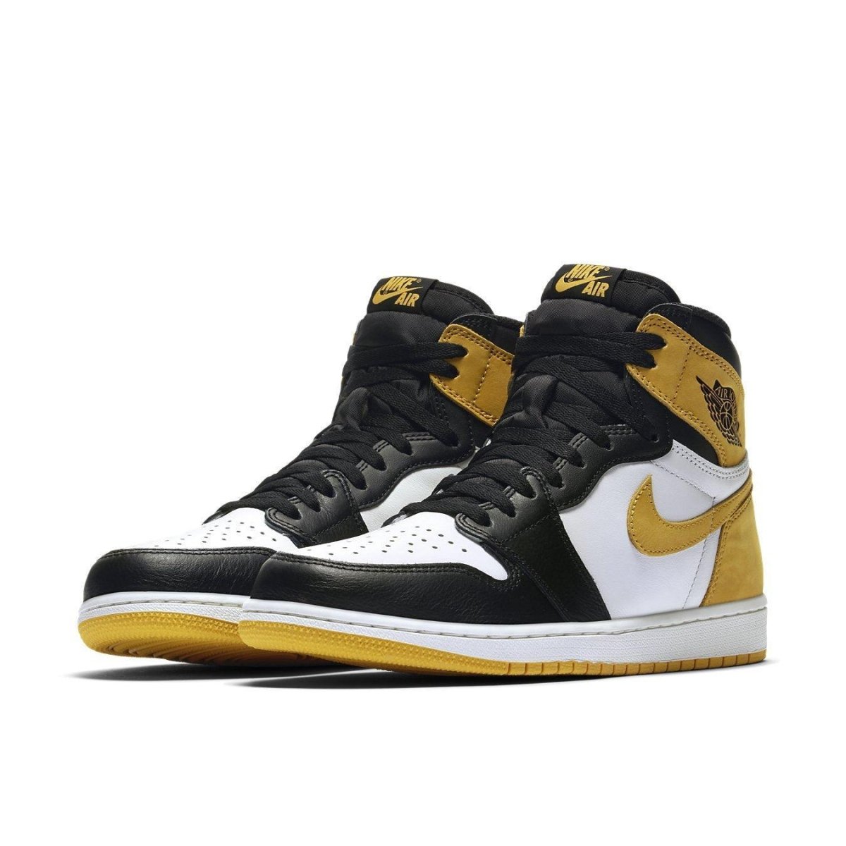 Air Jordan 1 Retro High OG Yellow Ochre sneakers in black, white, and yellow colorway, featuring iconic design details.