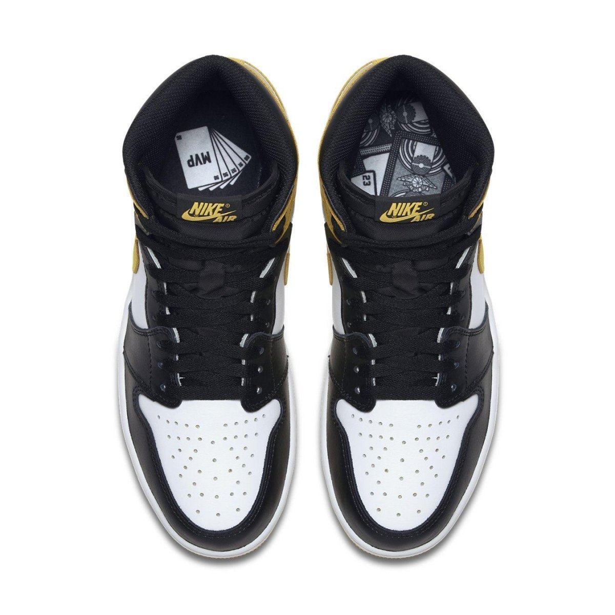 Top view of Jordan 1 Retro High Yellow Ochre sneakers featuring black and white design with yellow accents.