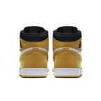 Jordan 1 Retro High Yellow Ochre back view, featuring black and yellow suede design.