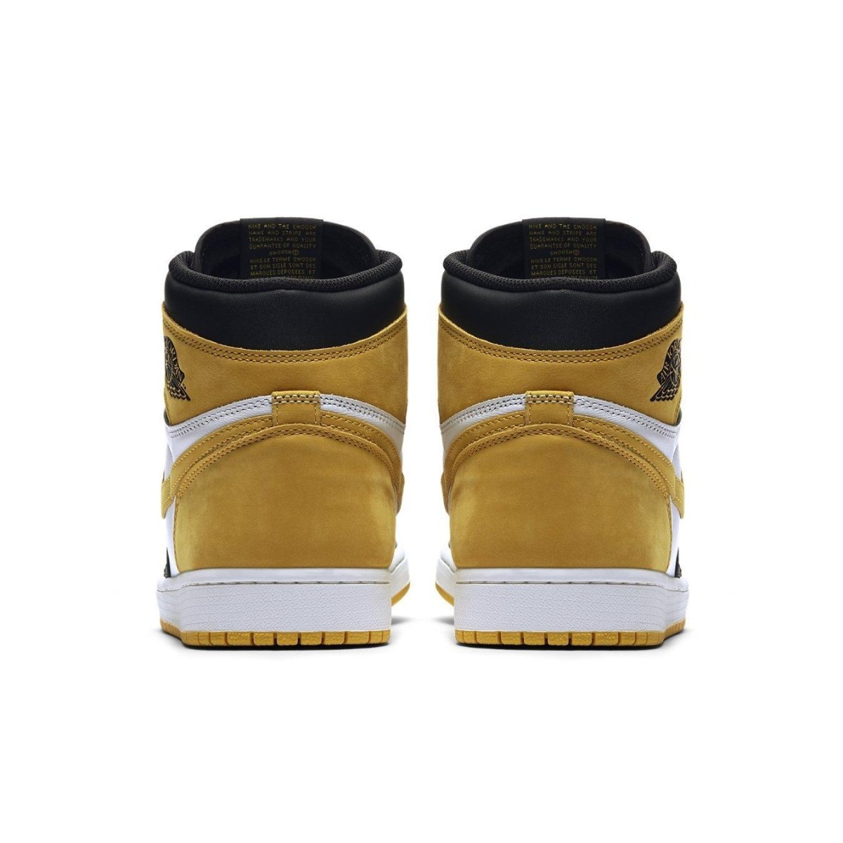 Jordan 1 Retro High Yellow Ochre back view, featuring black and yellow suede design.