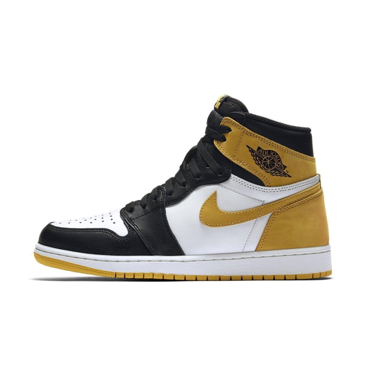 Air Jordan 1 Retro High Yellow Ochre sneaker featuring black, white, and yellow colorway, iconic design and branding.