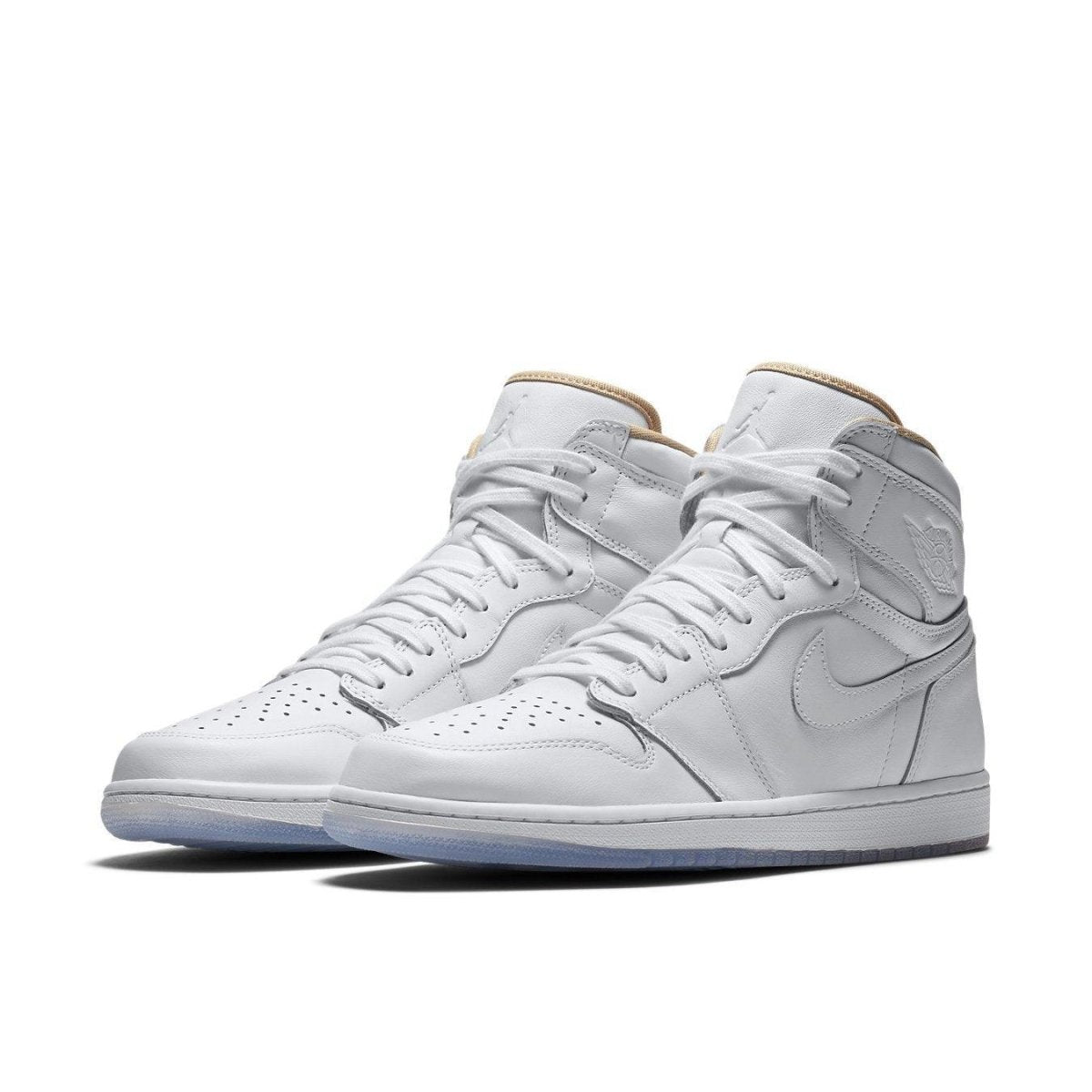 Jordan 1 Retro LA in white leather with beige lining and icy blue sole, featuring Los Angeles logo.