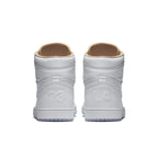 Back view of Nike Air Jordan 1 Retro LA with white leather upper, beige lining, and icy blue sole.