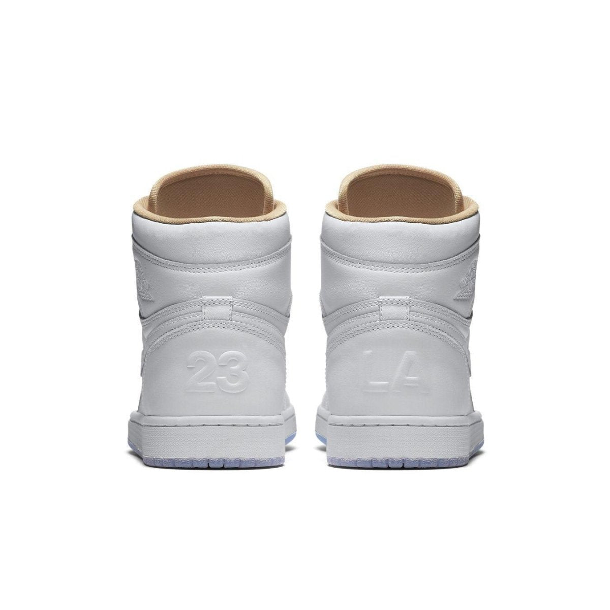 Back view of Nike Air Jordan 1 Retro LA with white leather upper, beige lining, and icy blue sole.