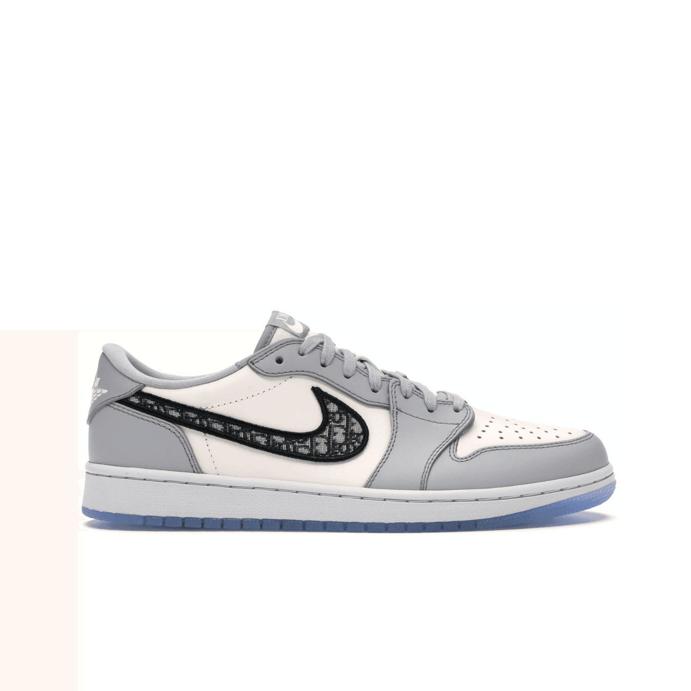 Jordan 1 Retro Low Dior featuring Italian leather, gray and white colorway, and Dior Oblique Swoosh detail.
