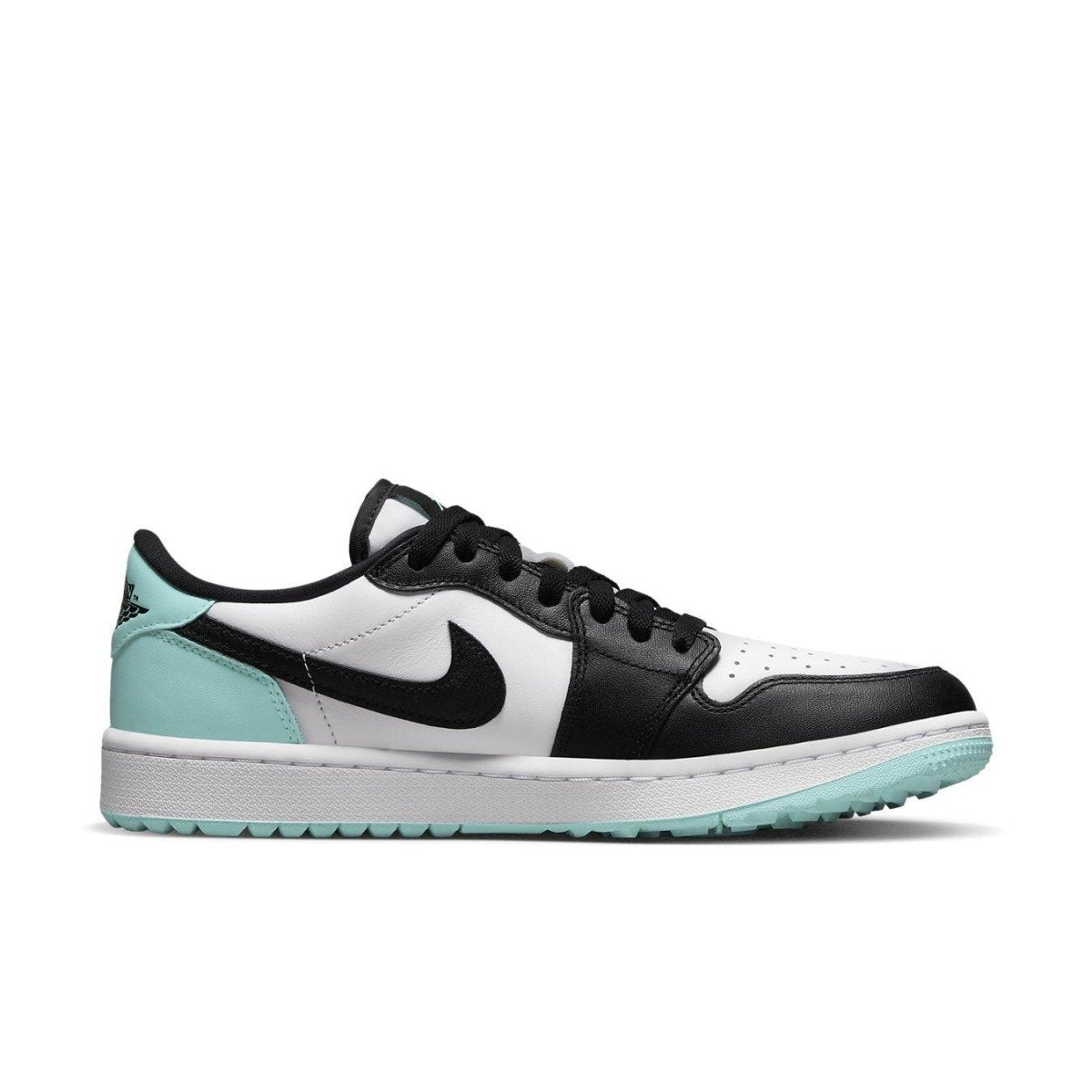 Nike Jordan 1 Retro Low Golf Copa sneaker in black, white, and teal colorway, designed for golf performance and style.