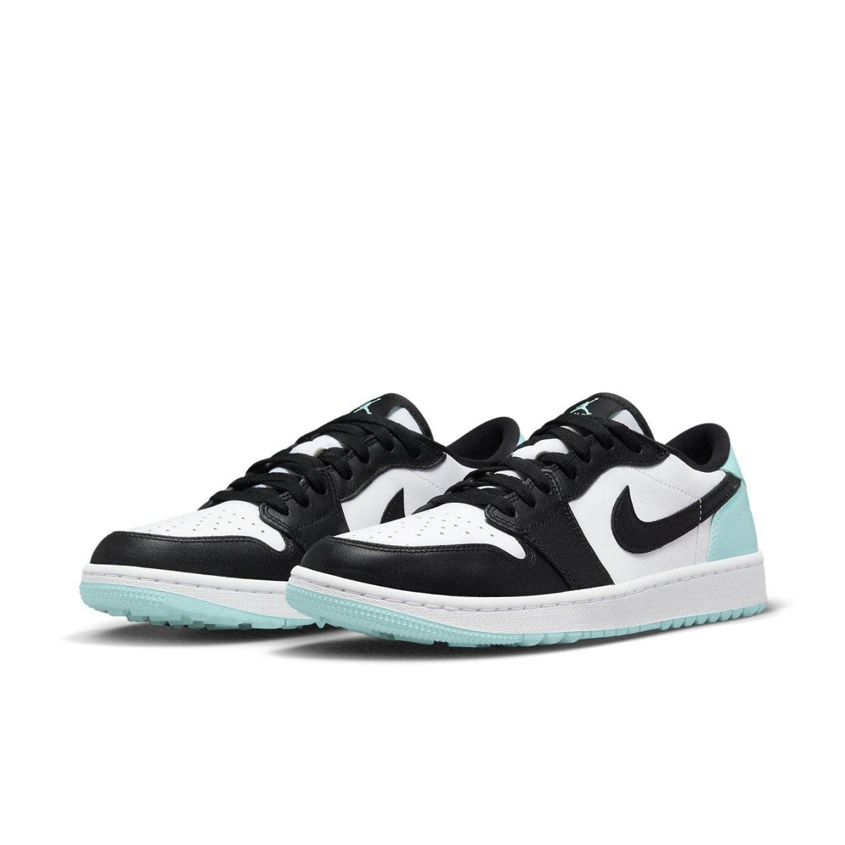 Jordan 1 Retro Low Golf Copa in black and white with a mint green sole, perfect for style and grip on the golf course.