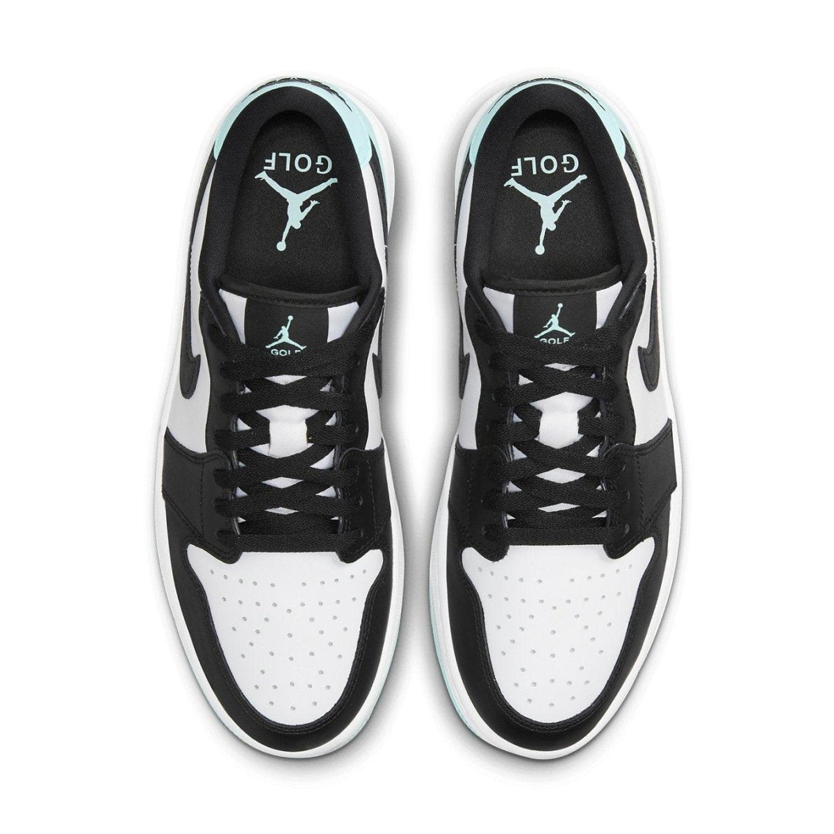 Jordan 1 Retro Low Golf Copa sneakers with black, white, and aqua color scheme on a clean background.