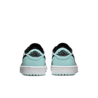 Back view of Jordan 1 Retro Low Golf Copa sneakers featuring black and mint green detailing.