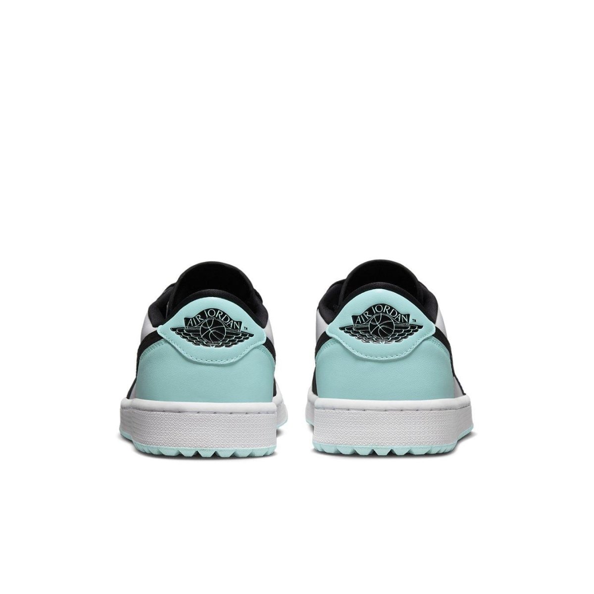 Back view of Jordan 1 Retro Low Golf Copa sneakers featuring black and mint green detailing.