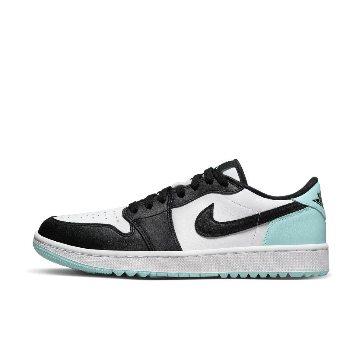 Jordan 1 Retro Low Golf Copa sneakers featuring black, white, and aqua colorway for golf performance.